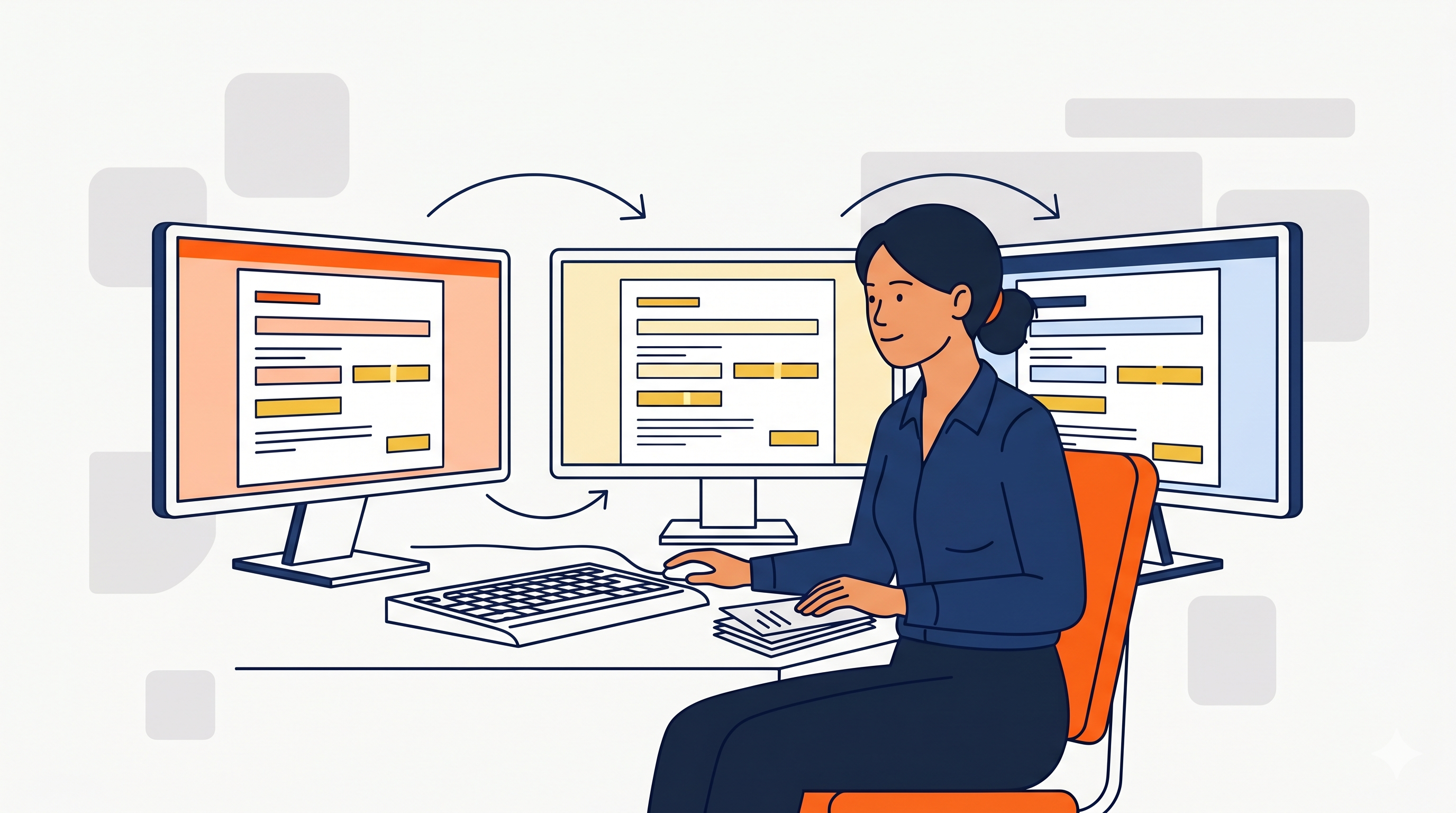 Government operations worker at a multi-monitor desk sorting and re-keying data between disconnected systems.